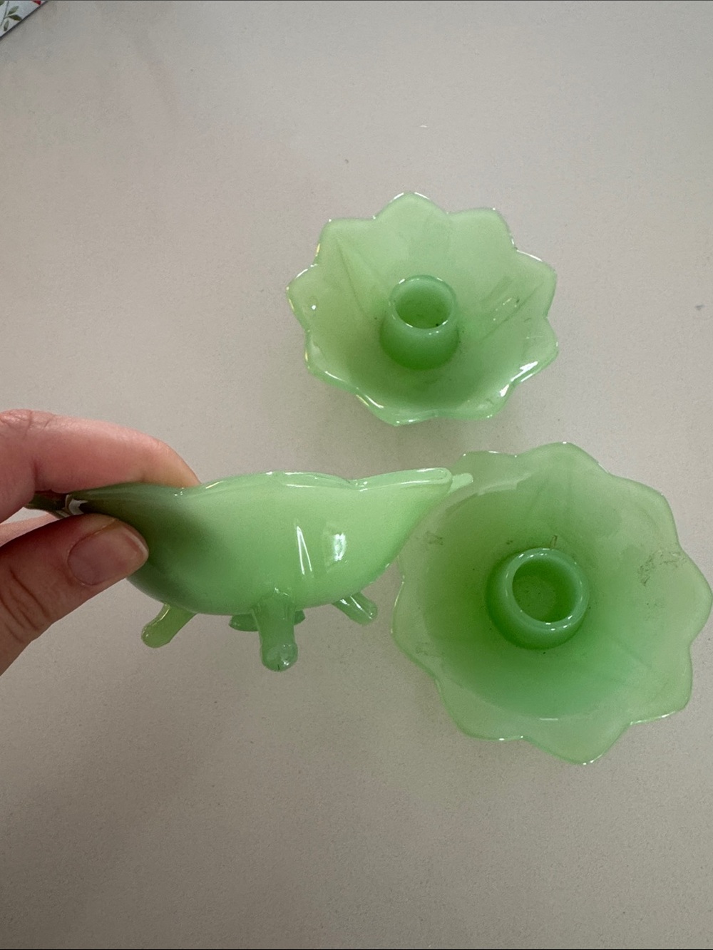 Three Green Flower-Shaped Glass Candle Holders - Picture 3 of 4